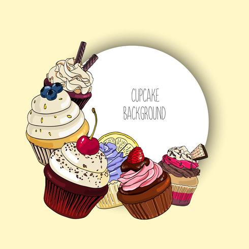 Vector background with different cupcakes and round border for text.