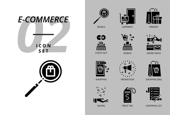 Paquete de iconos para comercio electrónico, búsqueda, envío, regalo, salida, móvil, devolución de dinero, ropa de hombre, promoción, bolsa de compras, compras. vector