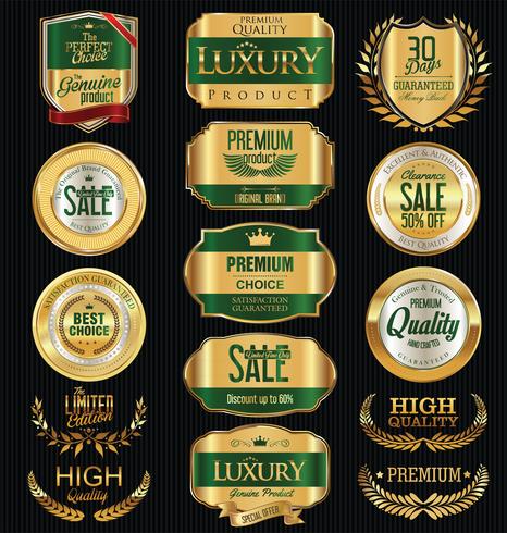 Insignias y etiquetas de oro premium de lujo vector