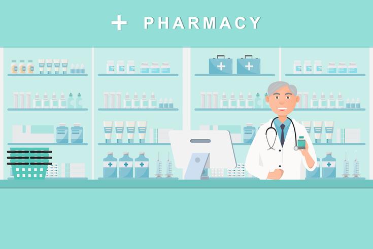 Farmacia con medico en mostrador. personaje de dibujos animados de droguería vector