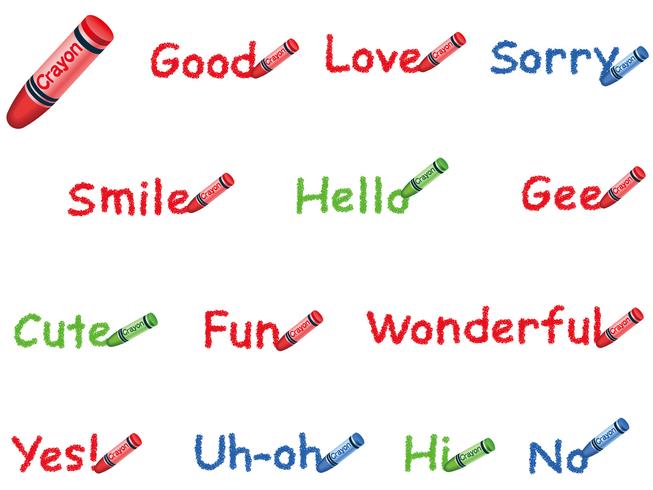 Set of words written with colorful crayons. vector