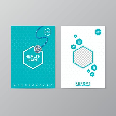 Cuidado de la salud cubierta a4 plantilla de diseño para un informe y diseño de folleto médico, folleto, decoración de folletos para la ilustración de impresión y presentación de vectores