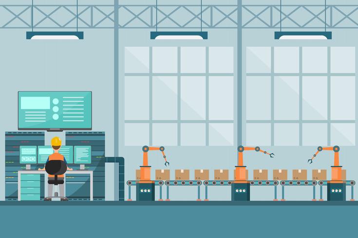 Fábrica industrial inteligente en un estilo plano con trabajadores, robots y líneas de montaje. vector