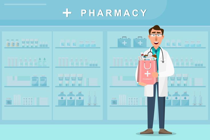 pharmacy with doctor holding a medicines bag  vector