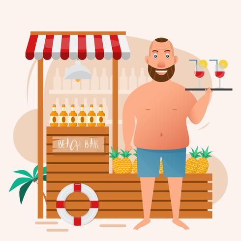 fat man holding cocktail glass at beach bar vector