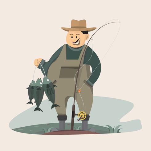 Personaje de pescador sosteniendo un pez grande y una caña de pescar con paisaje de lago y río vector