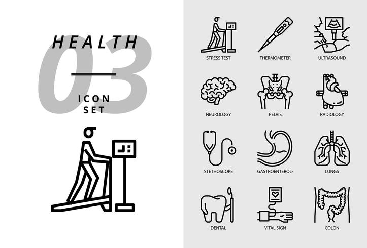 Paquete de iconos para la salud, hospital, prueba de esfuerzo, termómetro, ultrasonido, neurología, pelvis, radiología, estetoscopio, gastroenterólogo, pulmones, dental, signo vital, colon. vector