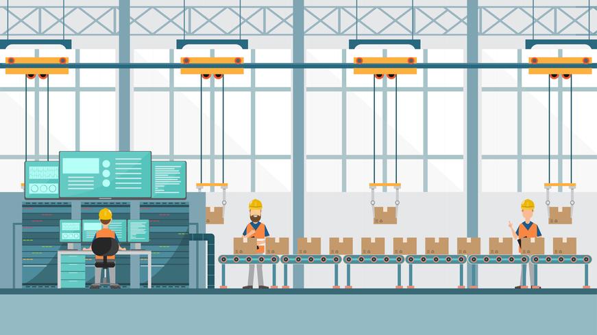 smart industrial factory in a flat style with workers, robots and assembly line packing. vector