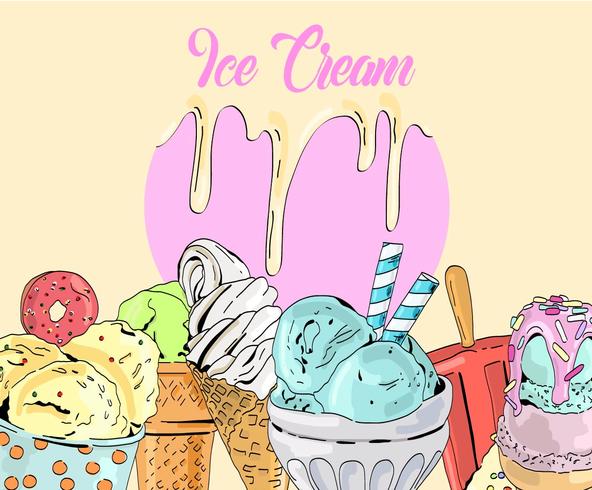 Cartoon cute colorful vector hand drawn ice cream background.