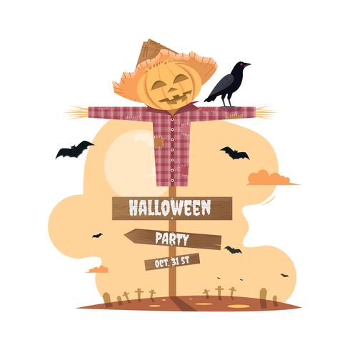  halloween party with scarecrow cartoon. vector