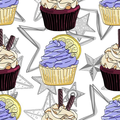 Seamless pattern with cupcakes and stars. vector