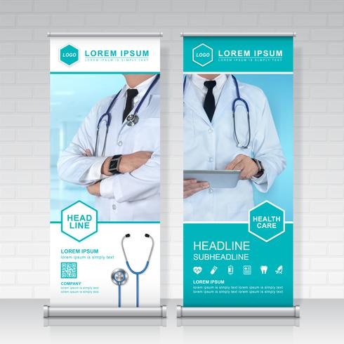 salud y medicina rollo hasta diseño, standee y banner plantilla decoración para exposición, impresión, presentación y folleto flyer concepto vector ilustración