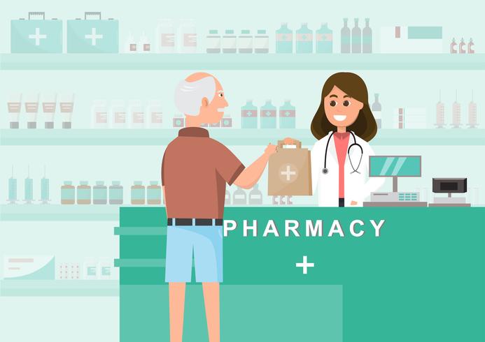 pharmacy with nurse in counter. drugstore cartoon character vector