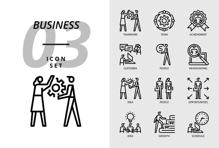 Icon pack for business, Teamwork, team, achievement, customer, people, headhunting, idea, people, opportunities, growing, growth, schedule. vector