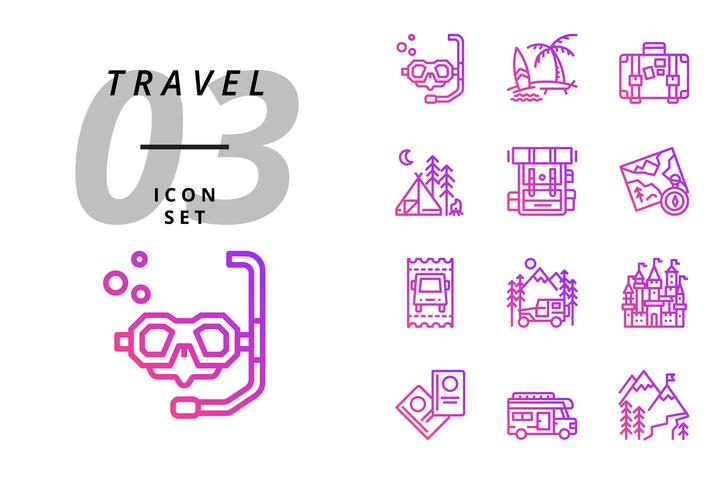 Pack icon for travel, Scuba, beach, suitcase, camping, backpack, map, bus ticket, camper, castle, passport, camper van, Ice mountain. vector