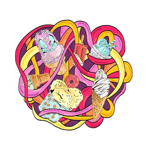 Composición dibujada mano colorida del helado de la historieta del garabato del vector. vector