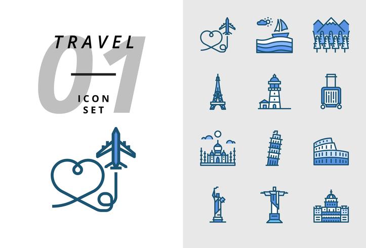 Pack icon for travel, Air plane, scenery, forest, Paris tower, lighthouse, trolley bag, Taj Mahal, Pisa tower, colosseum, statue of united states, deja neiro, capital use. vector