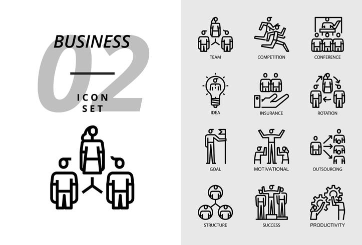 Paquete de iconos para negocios, equipo, competencia, conferencia, idea, seguro, rotación, objetivo, motivación, subcontratación, estructura, éxito, productividad. vector