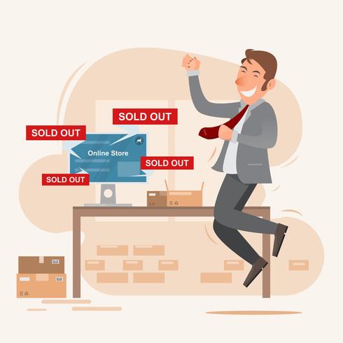 Teen businessman happy smiling character. seller with online store on network vector