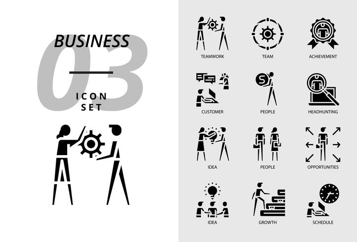 Icon pack for business, Teamwork, team, achievement, customer, people, headhunting, idea, people, opportunities, growing, growth, schedule. vector