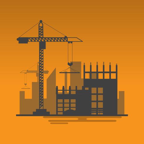 silhouette building site work process under construction with cranes and machines vector