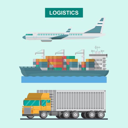 Plano logístico de carga, transporte de contenedores y camión. vector