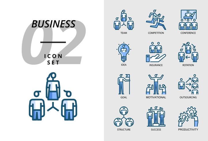 Icon pack for business, team, competition, conference, idea, insurance, rotation, goal, motivation, outsourcing, structure, success, productivity. vector