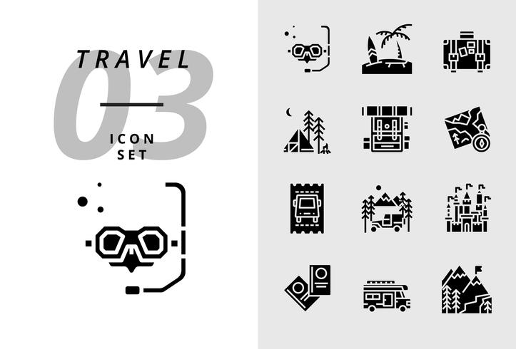 Pack icon for travel, Scuba, beach, suitcase, camping, backpack, map, bus ticket, camper, castle, passport, camper van, Ice mountain. vector