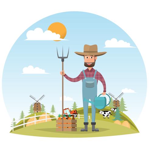 farmer cartoon character with milk cow in organic rural farm vector