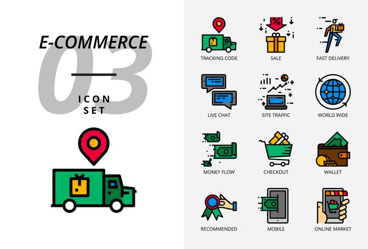 Icon pack for e-commerce, tracking code, sale, fast delivery, money flow, checkout, wallet, live chat, site traffic, world wide, mobile, online market. vector