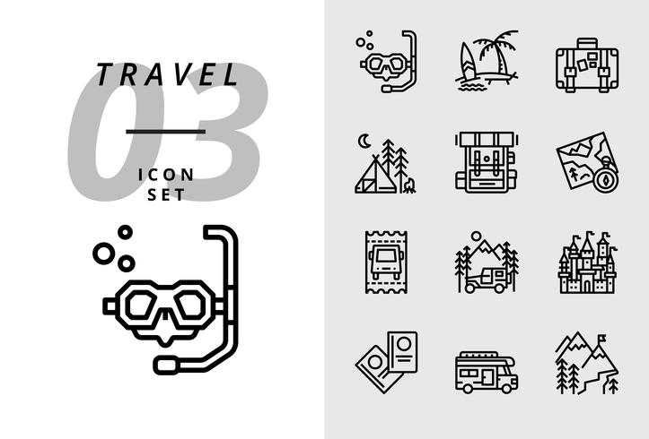 Pack icon for travel, Scuba, beach, suitcase, camping, backpack, map, bus ticket, camper, castle, passport, camper van, Ice mountain. vector