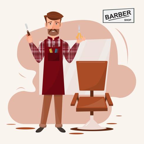 Hombre elegante del peluquero que se coloca delante de su peluquería. vector