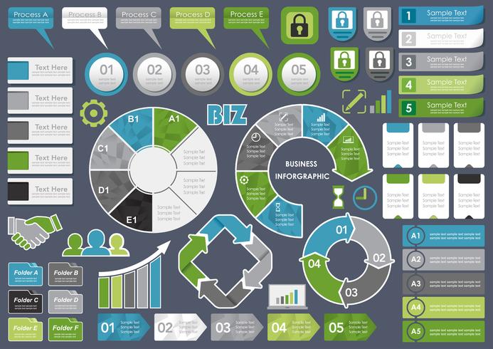 Conjunto de una variedad de información relacionada con gráficos, etiquetas e íconos. vector