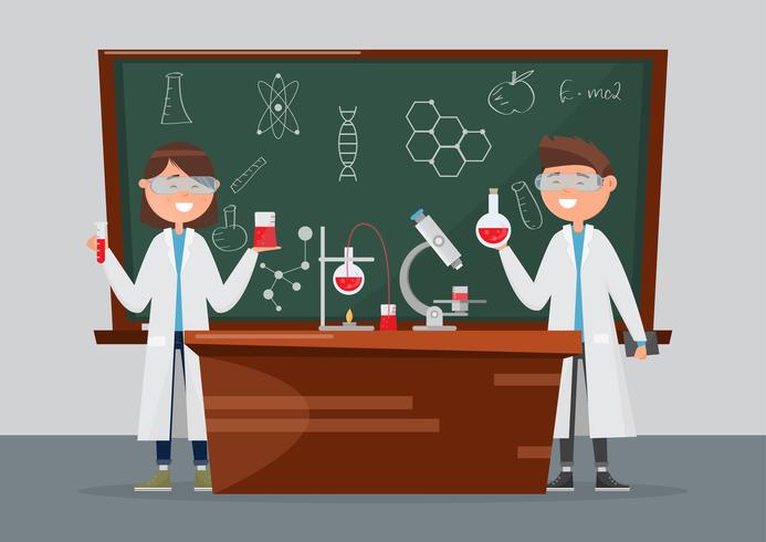 Niños en diferentes personajes. La investigación escolar en química y ciencia. vector