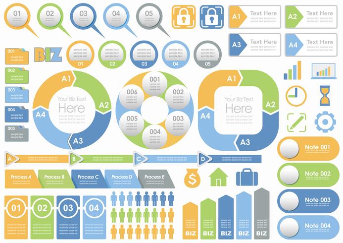 Conjunto de información de gráficos, etiquetas e iconos relacionados con el negocio, aislados sobre fondo blanco. vector