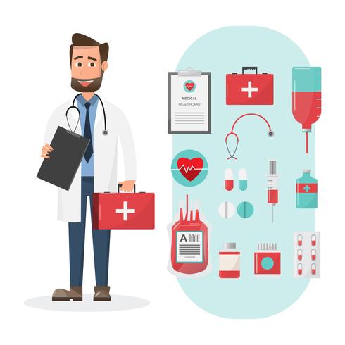 Set of doctors holding first aid box characters with medical elements  vector