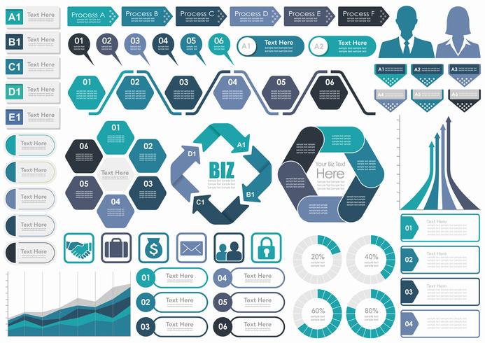 Set of assorted business-related info-graphics, tags, and icons isolated on white background.  vector