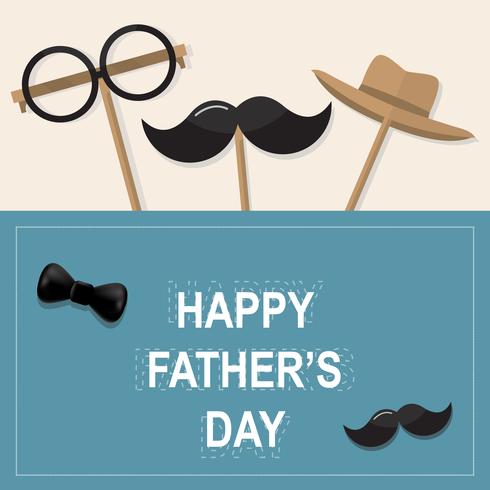 Tarjeta de felicitación feliz del día de padre. Diseñe con la corbata de lazo, bigote, gafas negras sobre fondo de papel retro. vector