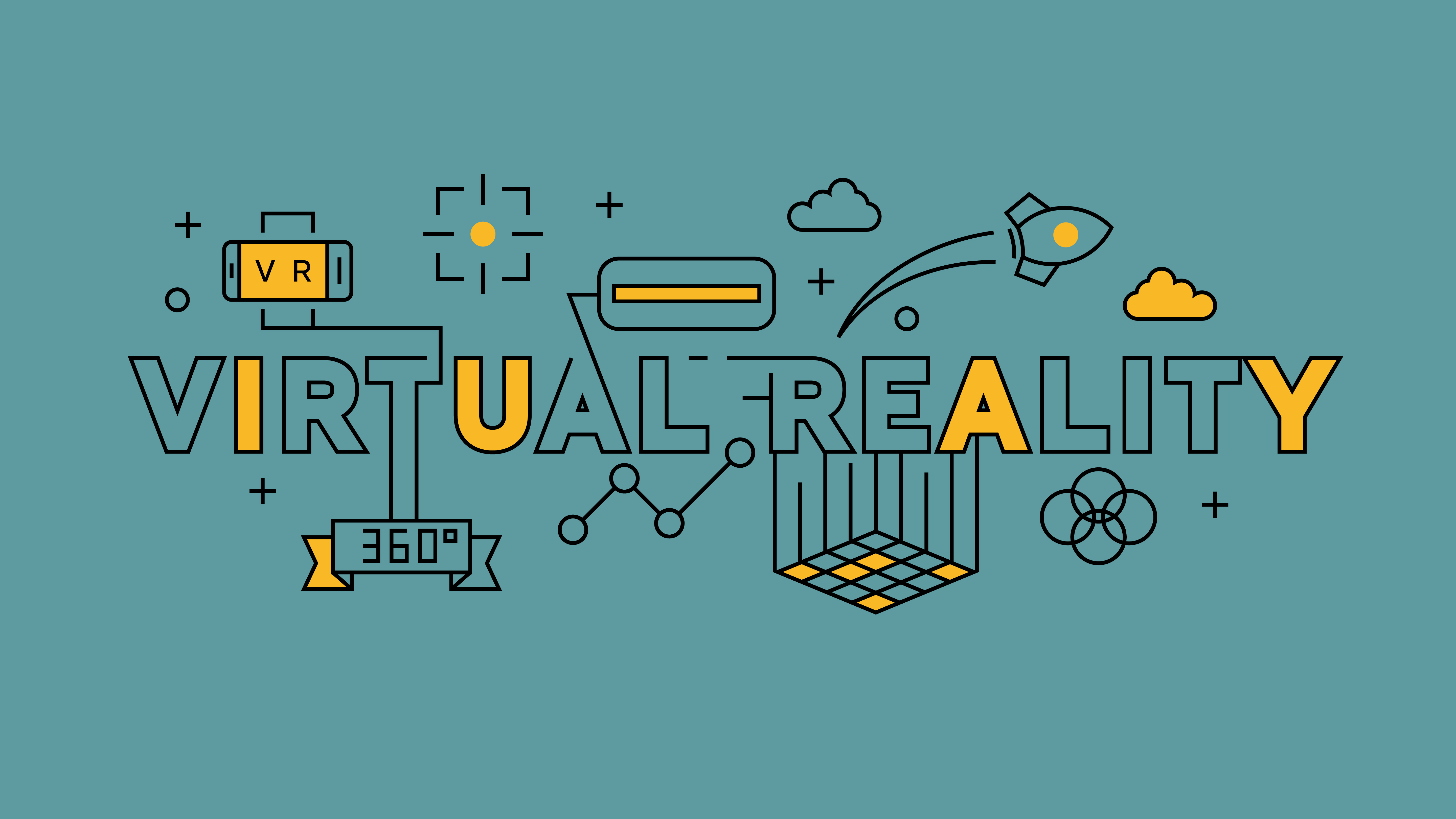 Virtual Reality Illustration. Orange flat line design in blue