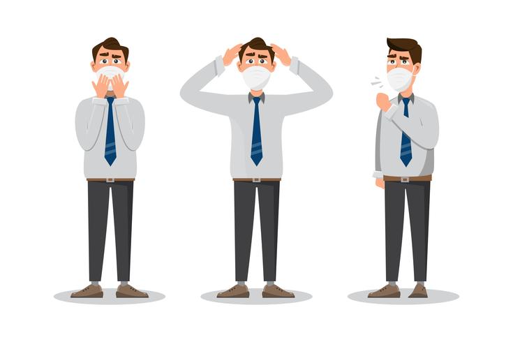 set of man wearing protective face mask in different character vector