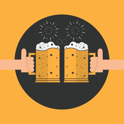 Dos manos sosteniendo el icono de vasos de cerveza espumosa tostado. vector