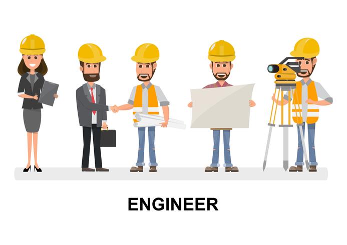 Grupo de personajes del ingeniero civil, arquitecto y obrero de la construcción. Cool vector diseño plano equipo de construcción de personajes alineación.