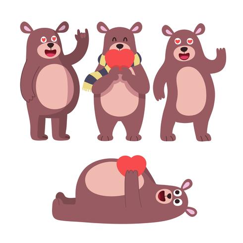 Pose de oso lindo. Los juguetes animales lindos del muchacho del oso de peluche para el cumpleaños de los niños o los regalos del vector de la tarjeta del día de San Valentín fijaron. Juguete de peluche animal, oso personaje feliz ilustración