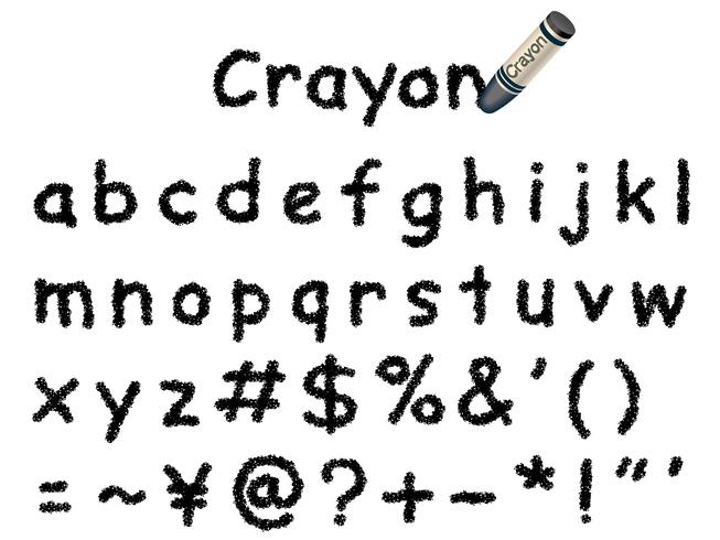 Vector crayon font. Lower case and signs in black.