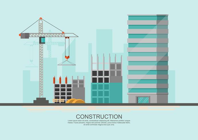 Construcción de obra en obra con grúas y máquinas. vector