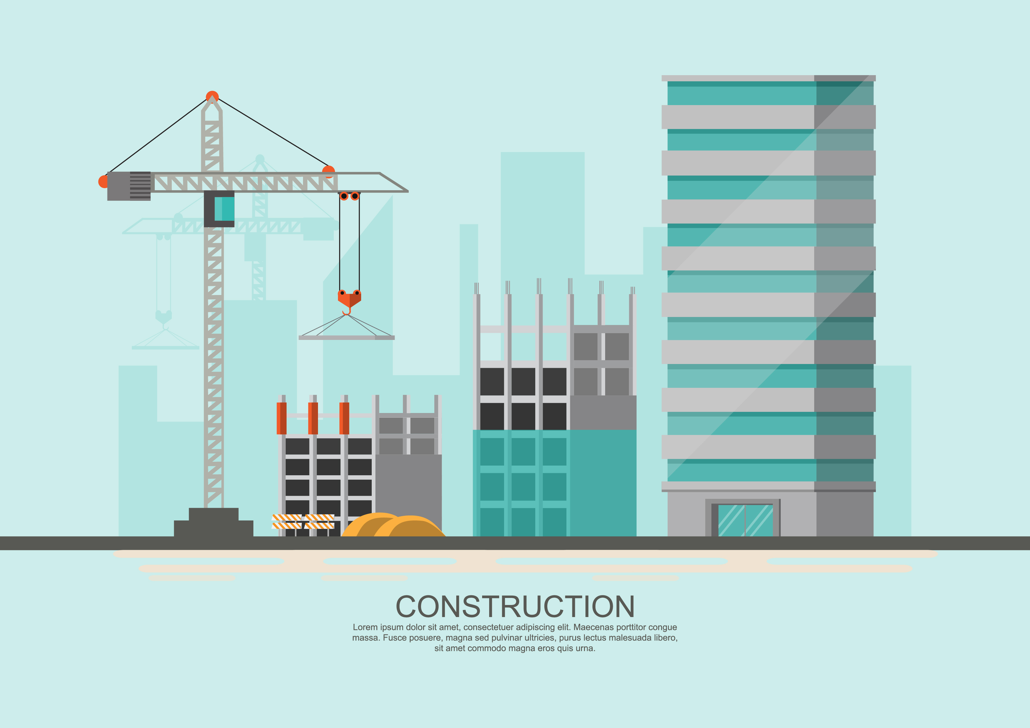 Building site work process under construction with cranes and machines