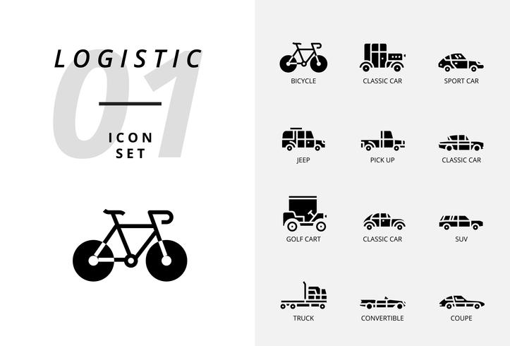 Icon pack for logistics , flatbed truck, search product, delivery find, airplane, weight, scooter, location, protected, delivery, train, ship, globe location. vector