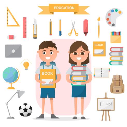 Education concept. students standing with classroom objects on flat design vector