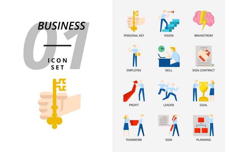 Paquete de iconos para negocios y estrategia, clave personal, visión, tormenta de ideas, empleado, habilidad, contrato de firma, ganancia, líder, objetivo, trabajo en equipo, señal, planificación. vector