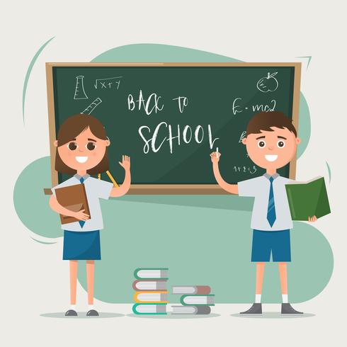 Happy students drawing on blackboard with books on the floor. vector
